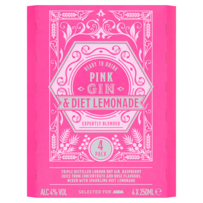 ASDA Pink Gin and Diet Lemonade canned cocktail 4 x 250ml - British product