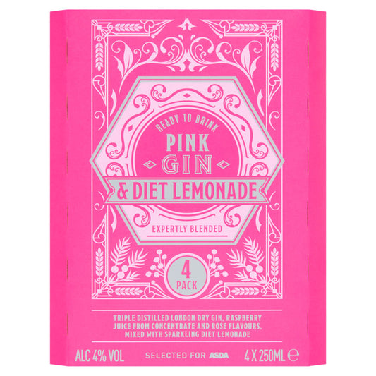 ASDA Pink Gin and Diet Lemonade 4 x 250ml GOODS ASDA   