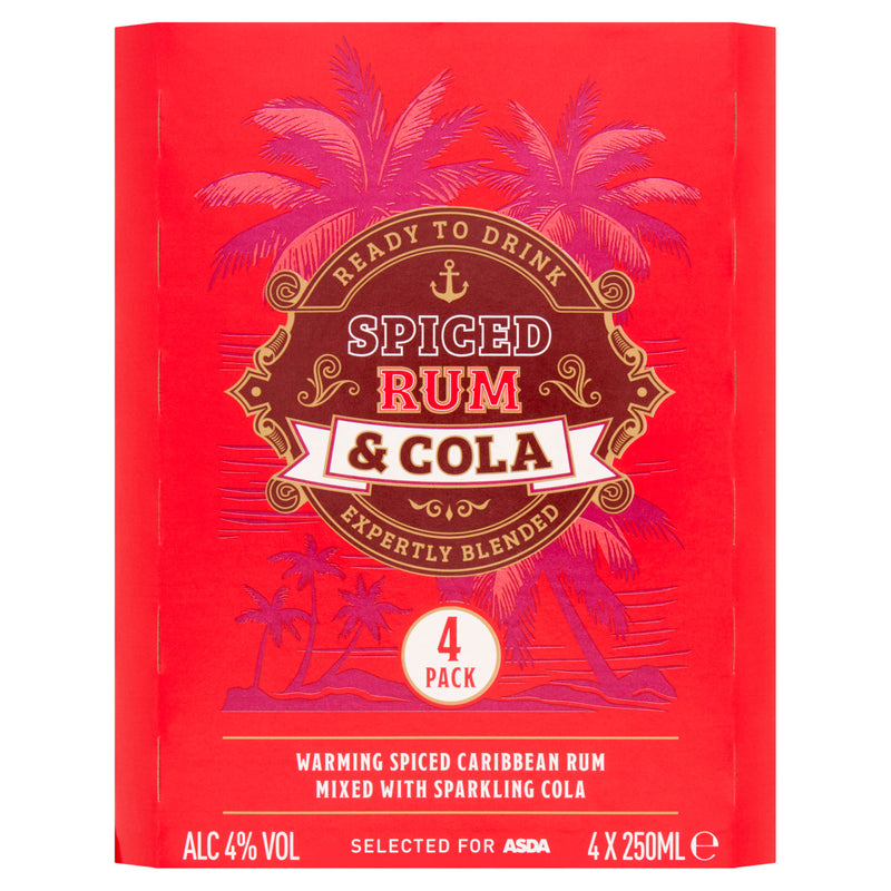 ASDA Spiced Rum Cola RTD Cocktail 4 x 250ml cans - British product