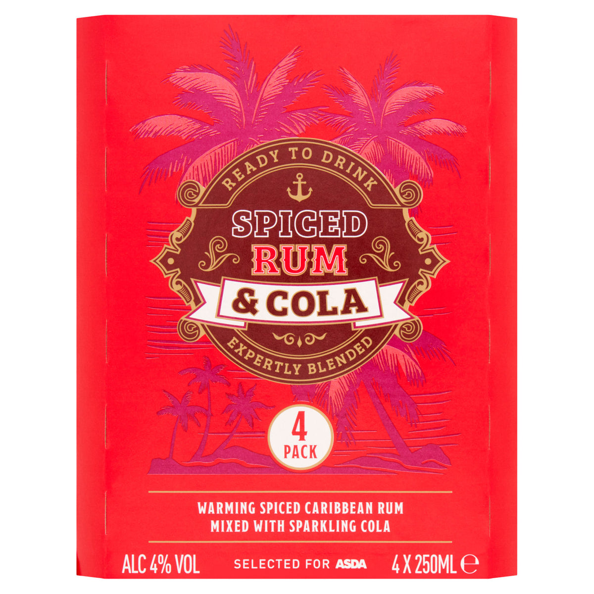 ASDA Spiced Rum Cola RTD Cocktail 4 x 250ml cans - British product