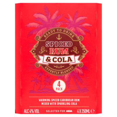 ASDA Spiced Rum Cola RTD Cocktail 4 x 250ml cans - British product
