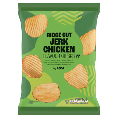 ASDA Ridge Cut Jerk Chicken Crisps 150g imported from the UK