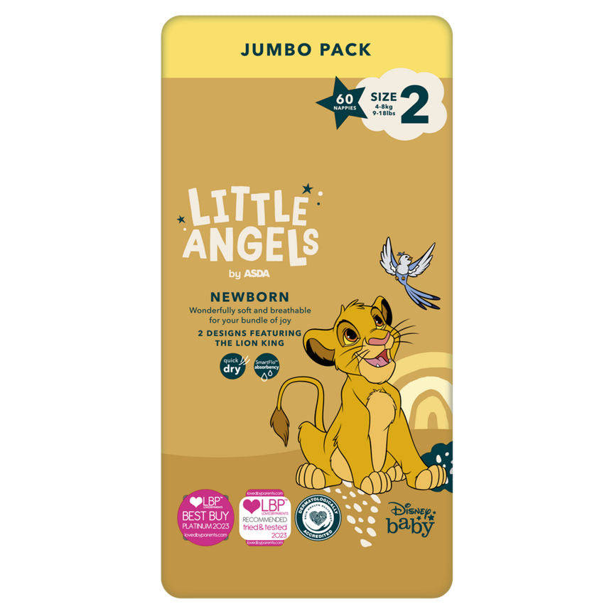 LITTLE ANGELS by ASDA Newborn Disney Size 2 4-8 kg Jumbo Pack 60 Nappies