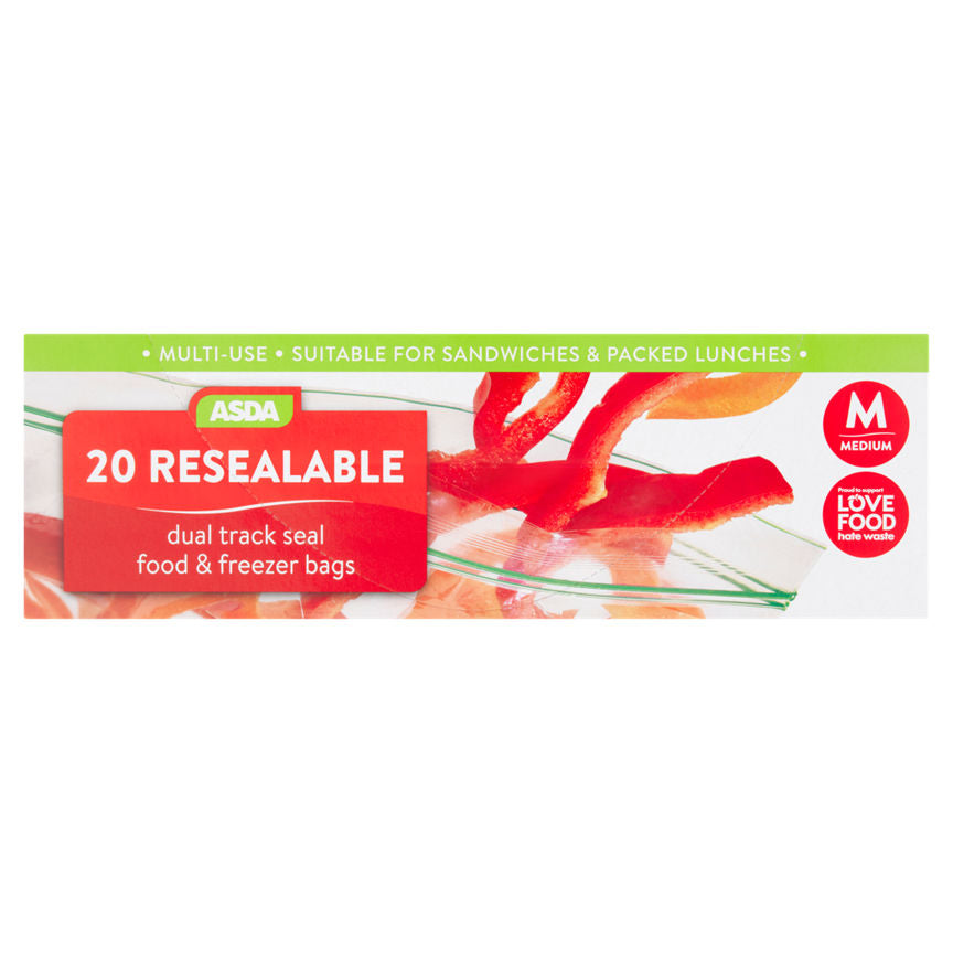 ASDA 20 Resealable Dual Track Seal Food & Freezer Bags Medium