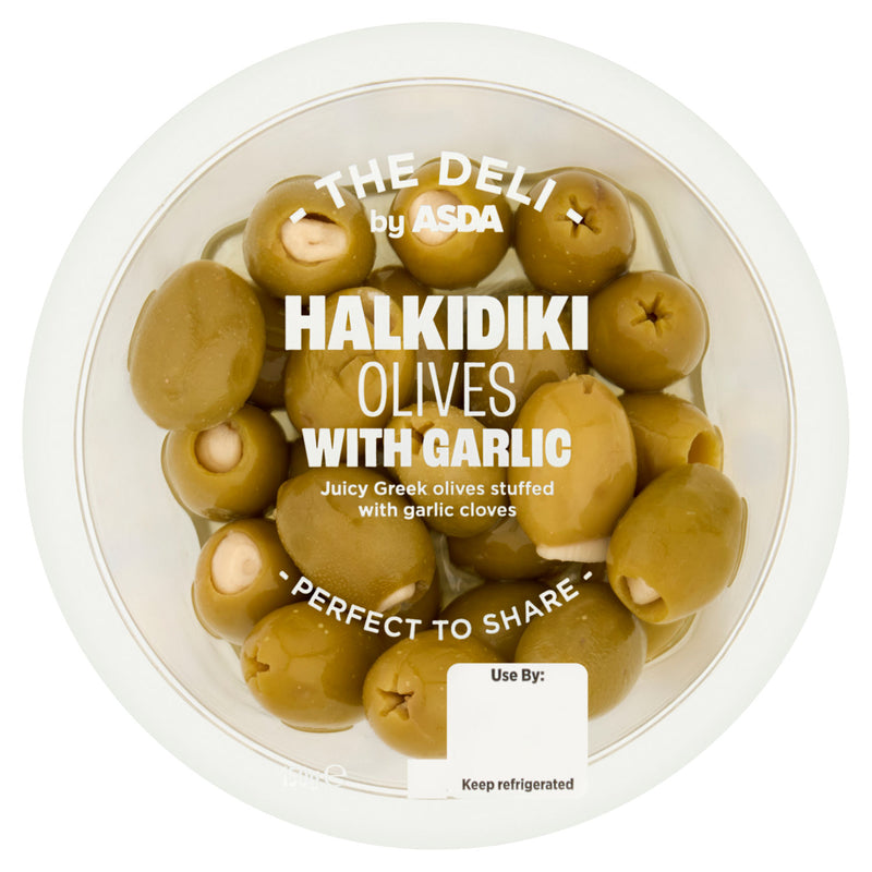 ASDA Halkidiki olives with garlic 150g, imported from the UK