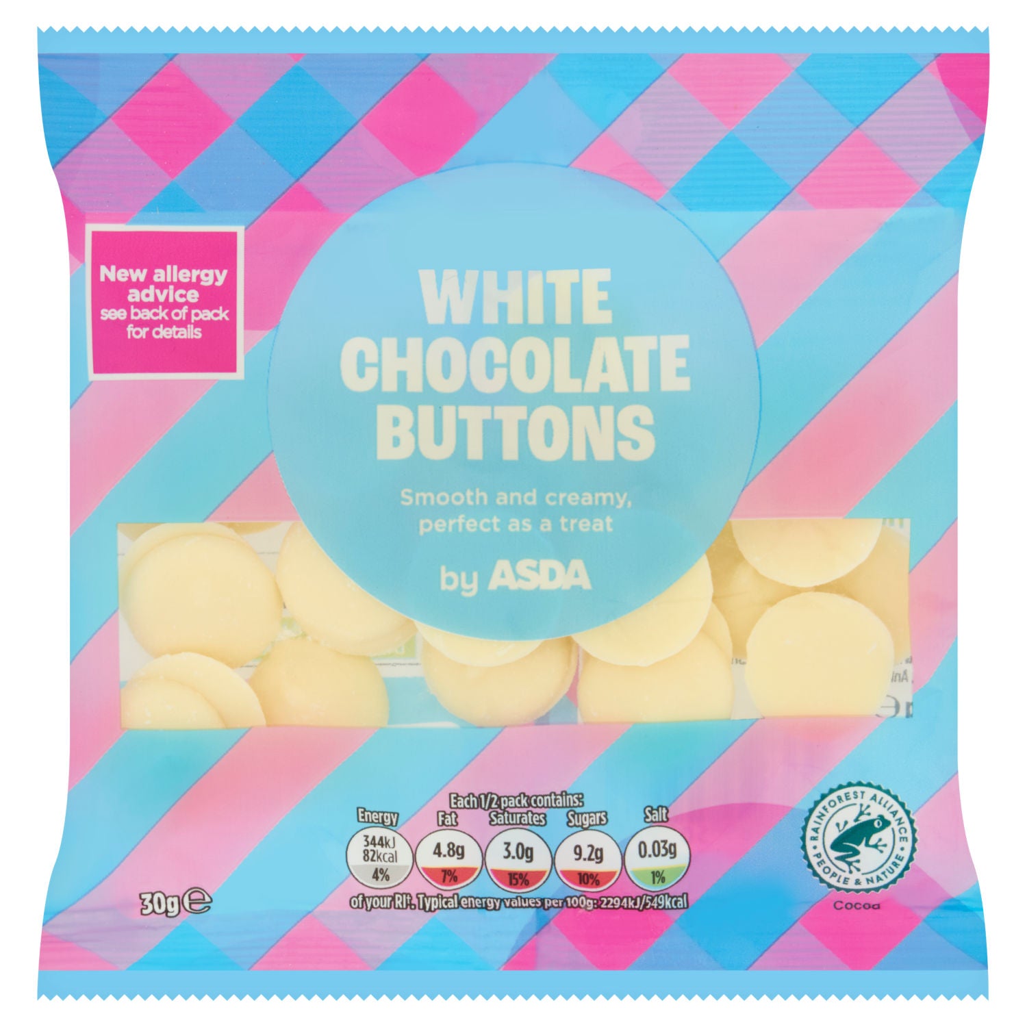 ASDA white chocolate buttons 30g, UK version