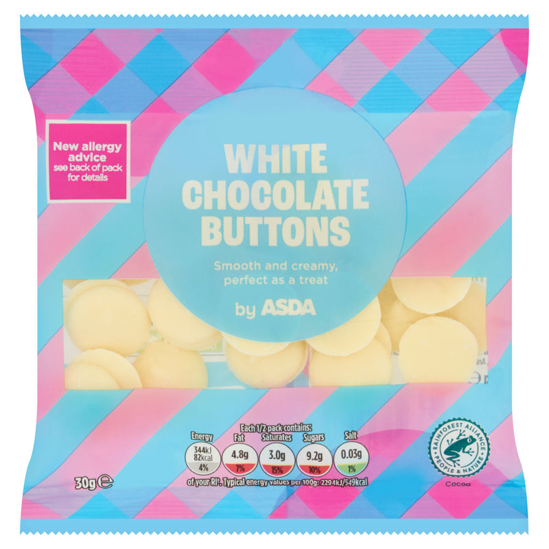 ASDA white chocolate buttons 30g, UK version