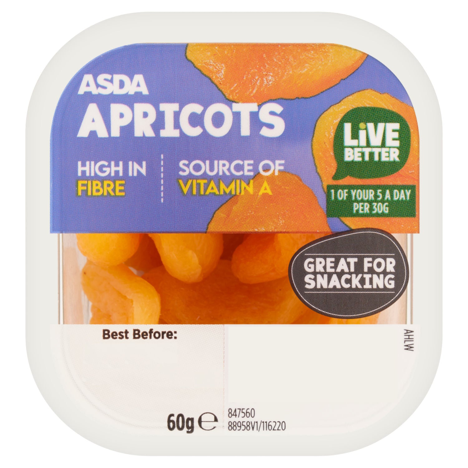ASDA dried apricots 60g, imported from the UK