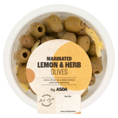 ASDA marinated lemon and herb olives 220g, imported from the UK