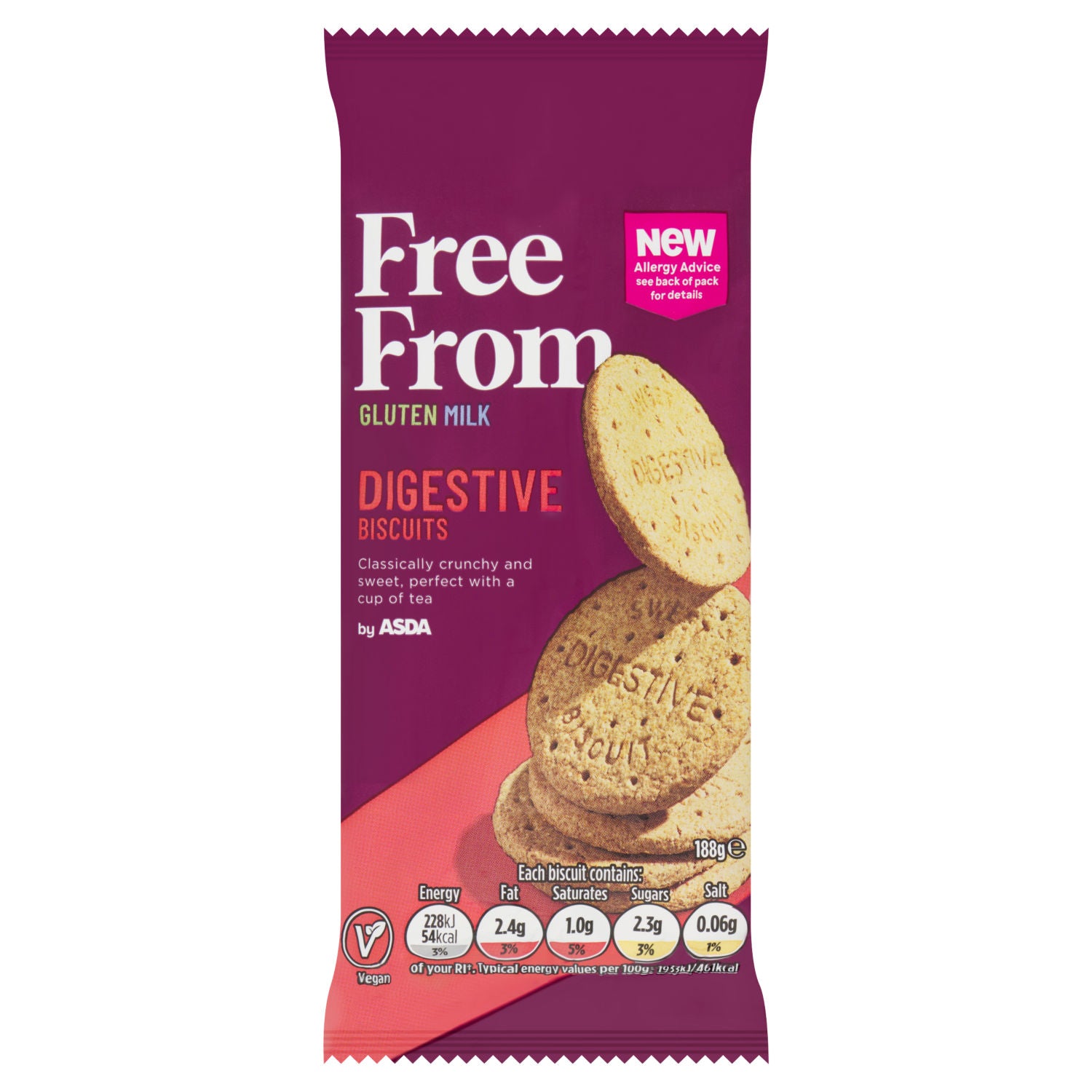 Asda Free From digestive biscuits gluten free milk free 188g, imported from the UK
