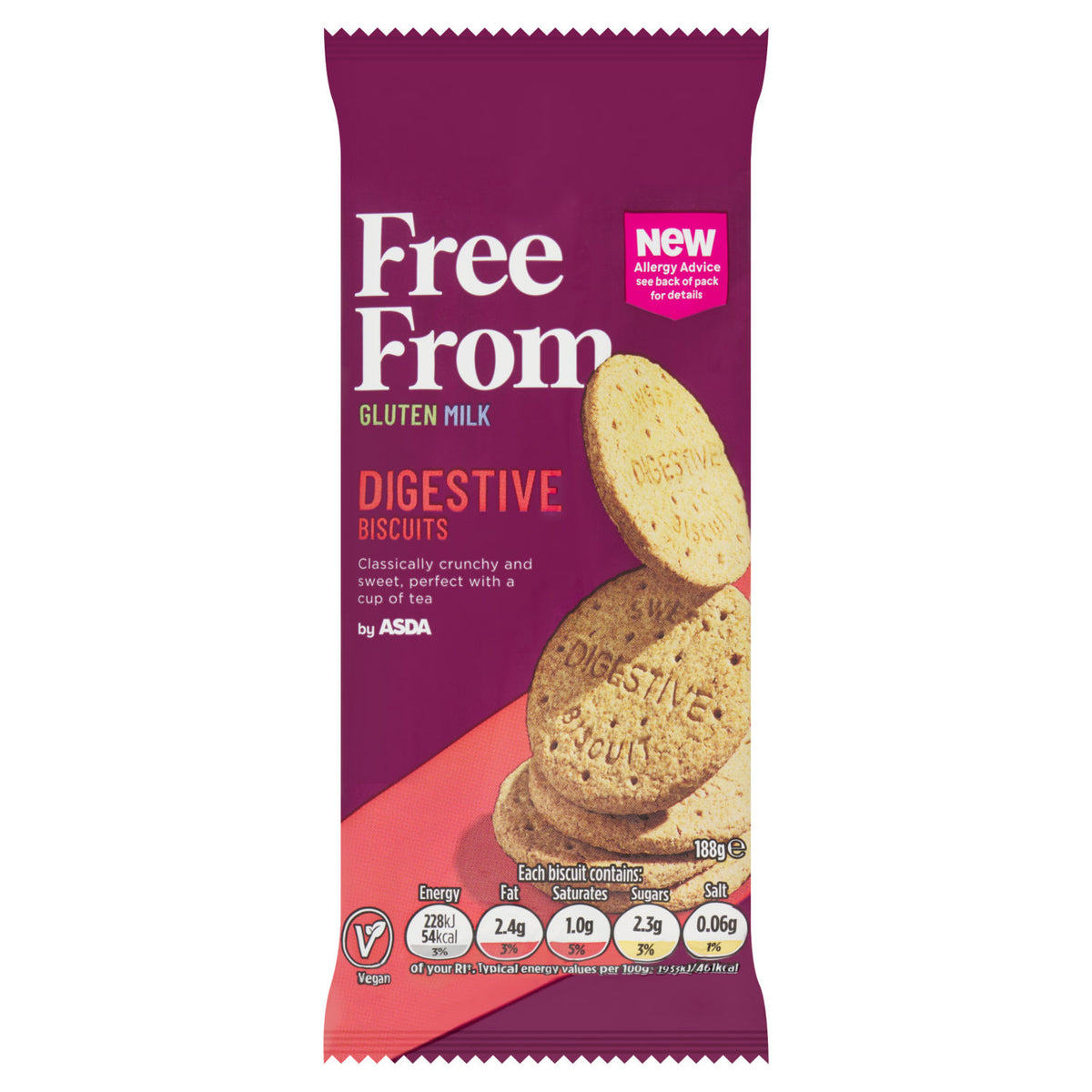 Asda Free From digestive biscuits gluten free milk free 188g, imported from the UK