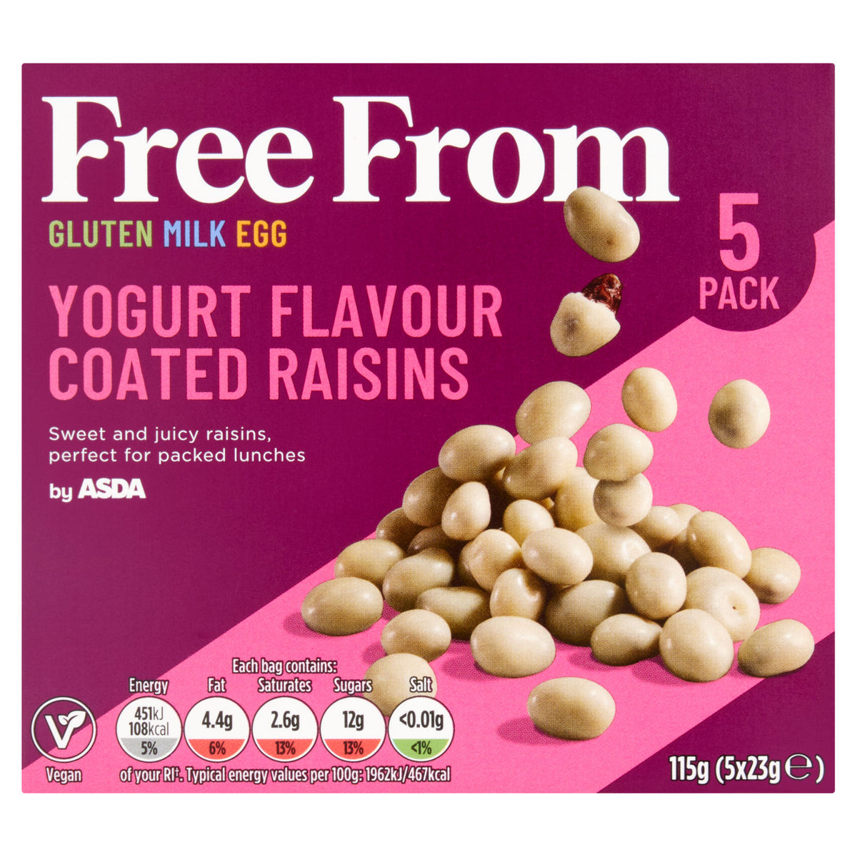 ASDA free from yogurt flavour coated raisins 115g, imported from the UK