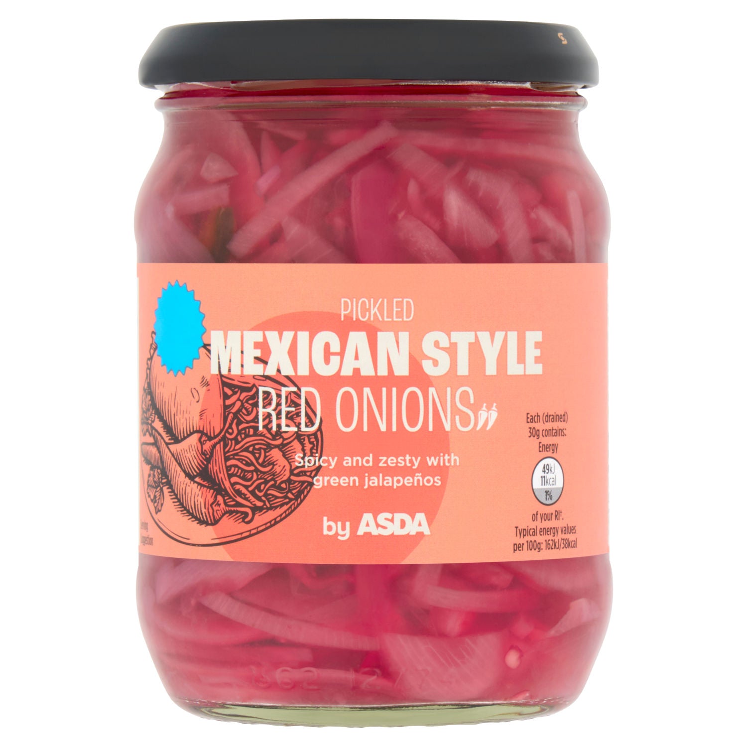 ASDA pickled Mexican style red onions 340g, imported from the UK