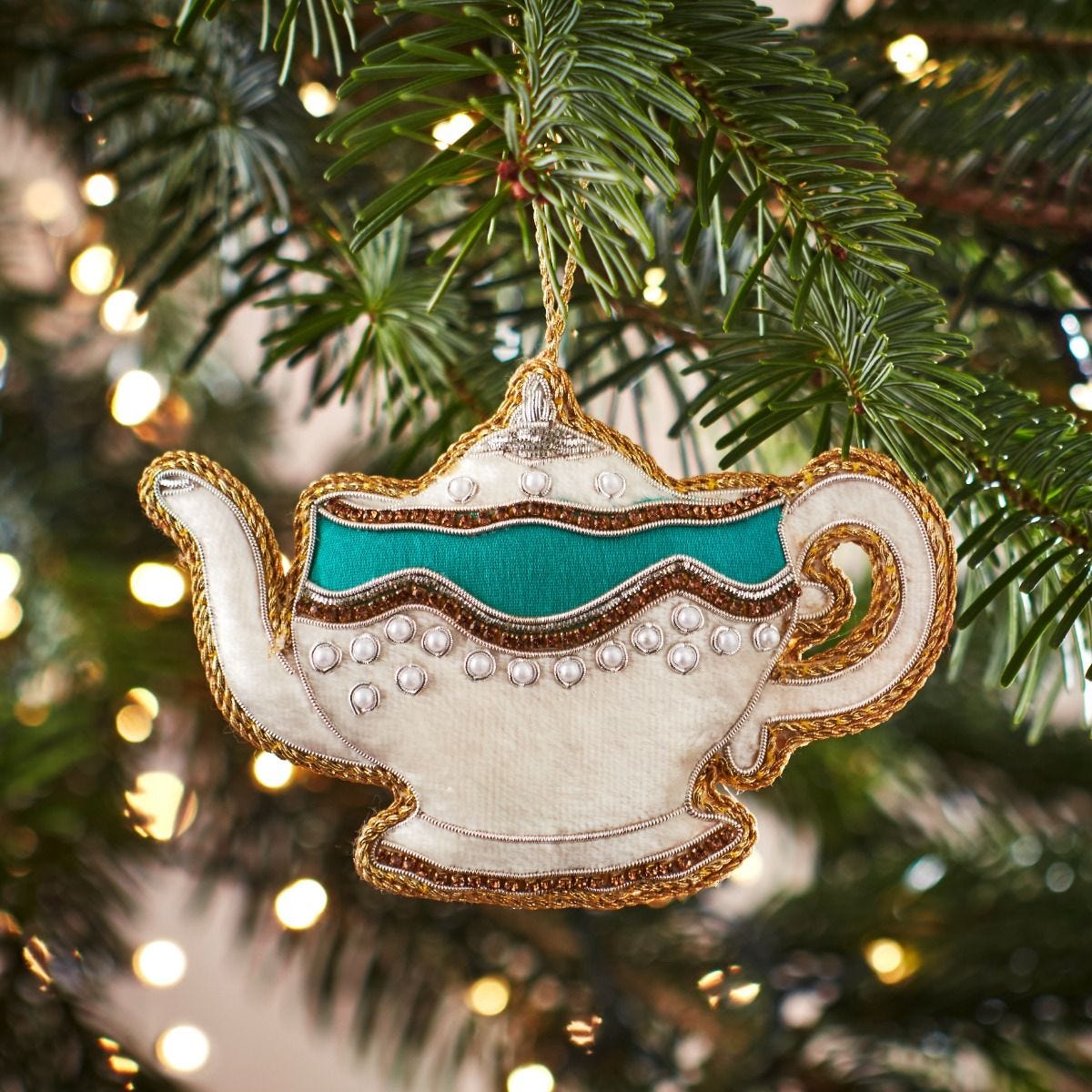 Fortnum's embroidered teapot decoration Christmas ornament, UK version