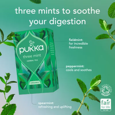 Pukka Three Mint Organic Herbal Tea Bags 32g, imported from the UK