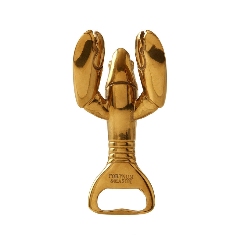 Fortnum's lobster bottle opener in metallic gold with engraved logo - British product