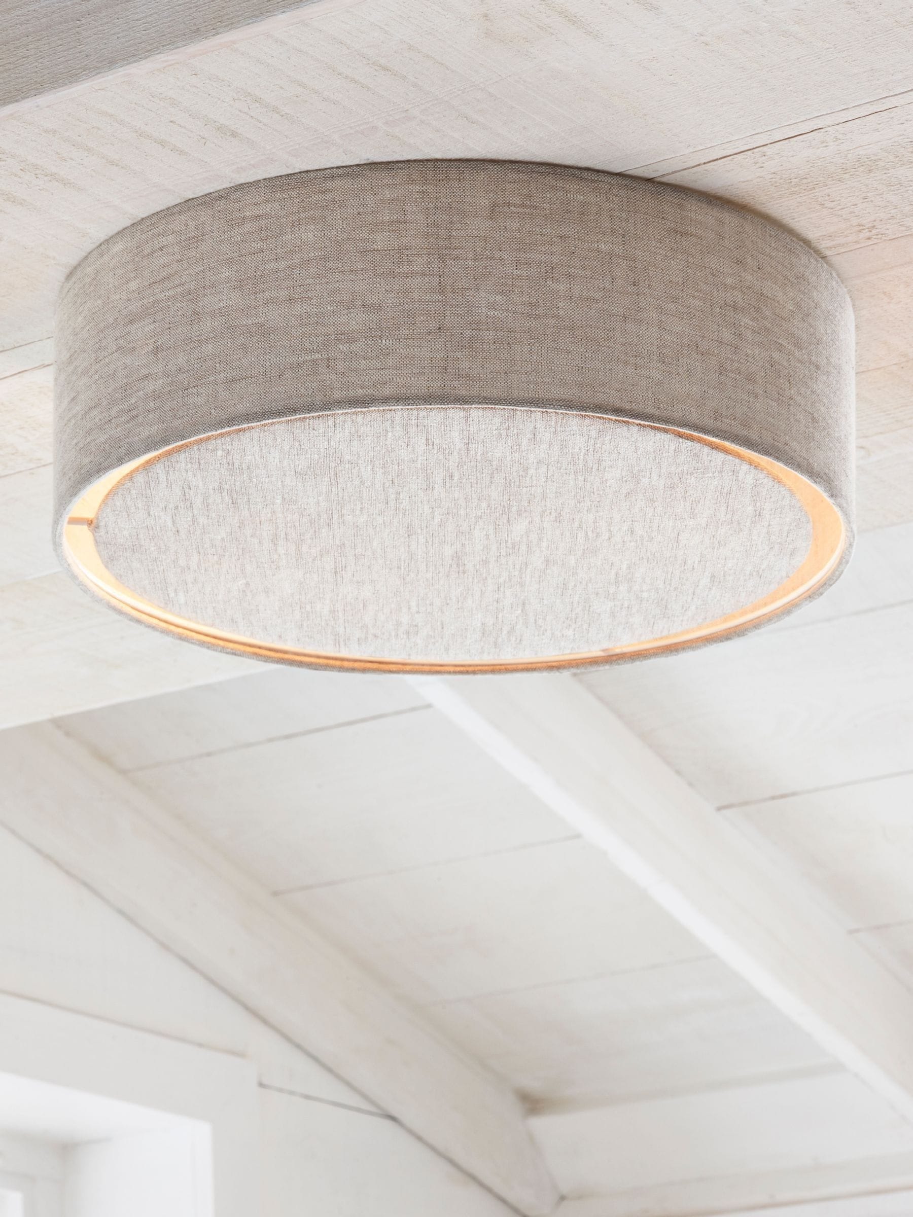Malvern oatmeal flush ceiling light with linen shade, UK version