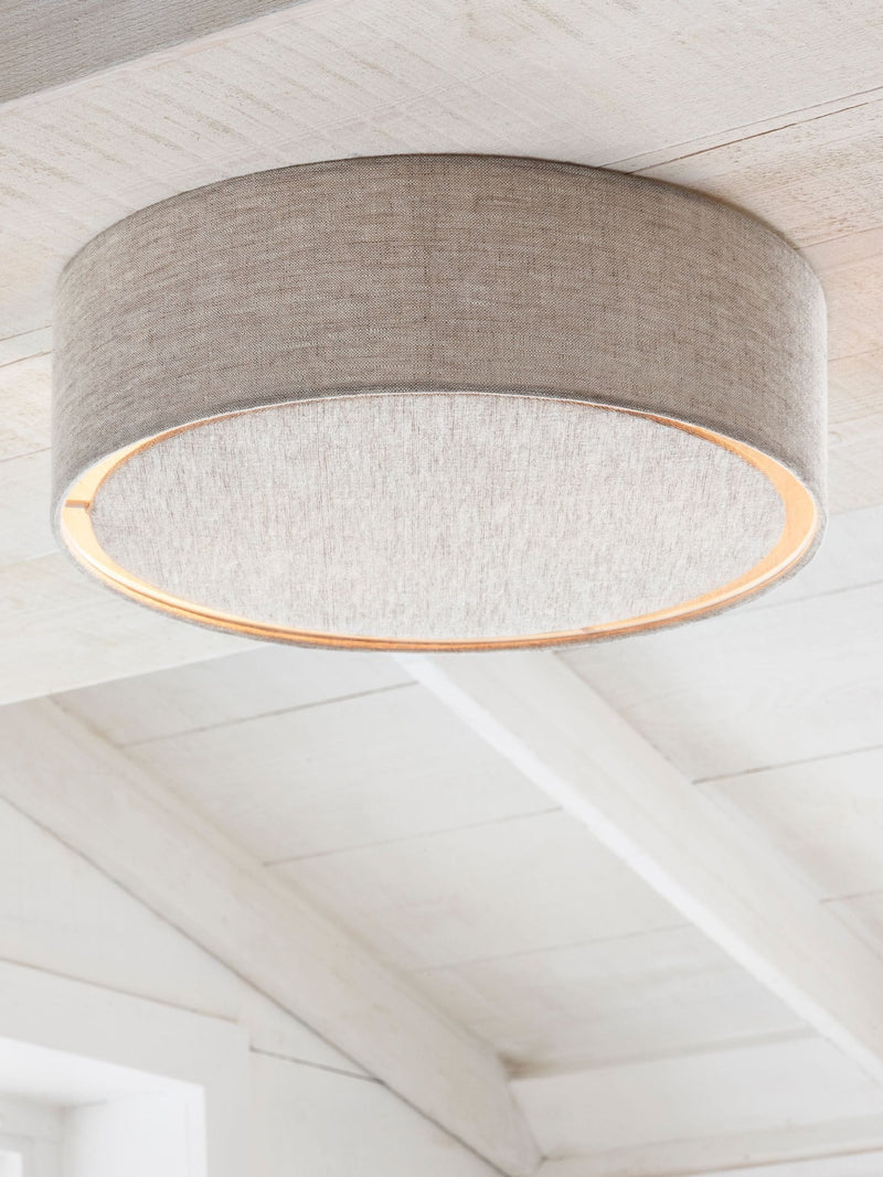 Malvern oatmeal flush ceiling light with linen shade, UK version