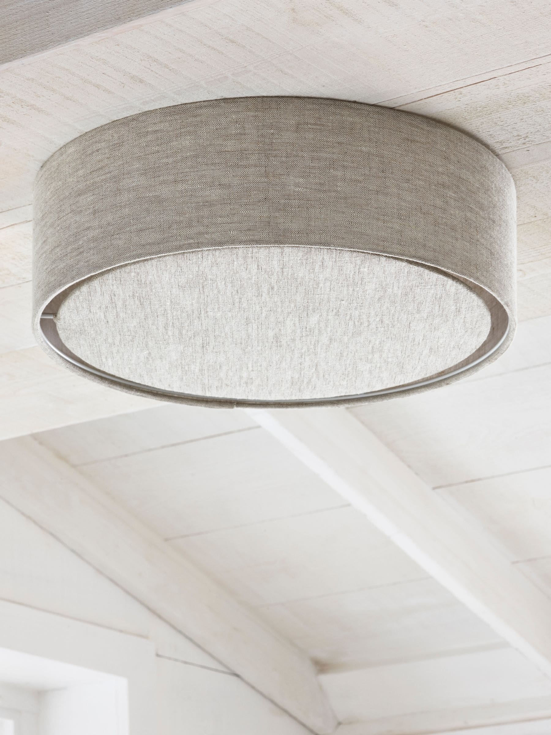 Malvern oatmeal flush ceiling light with linen shade, UK version