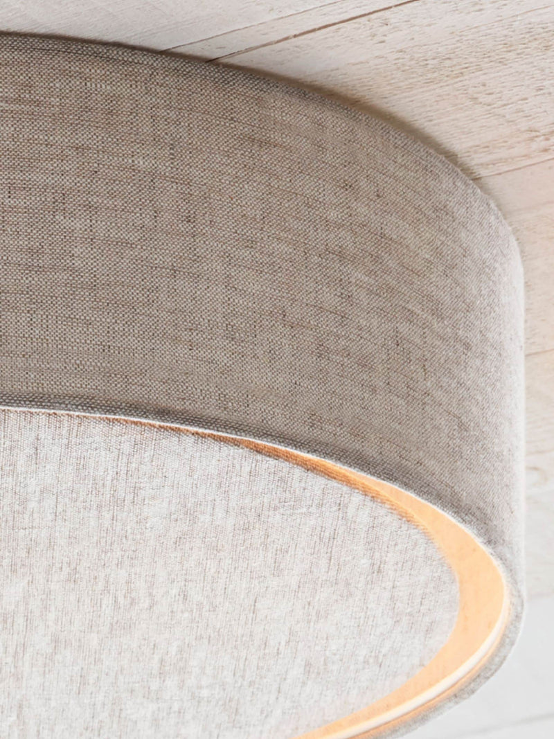 Malvern oatmeal flush ceiling light with linen shade, UK version