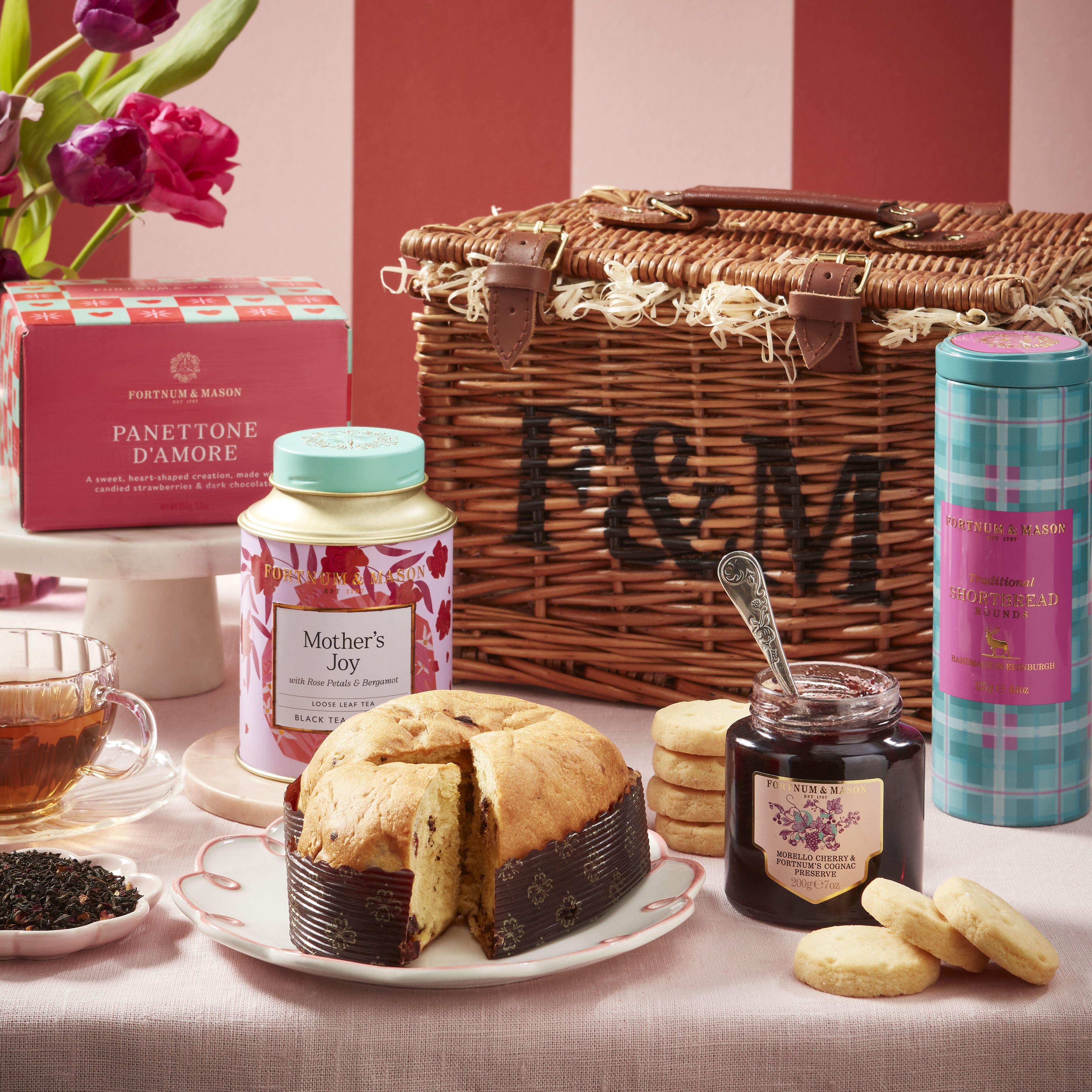 Mother's Joy hamper with tea, shortbread, panettone, and preserve, imported from the UK