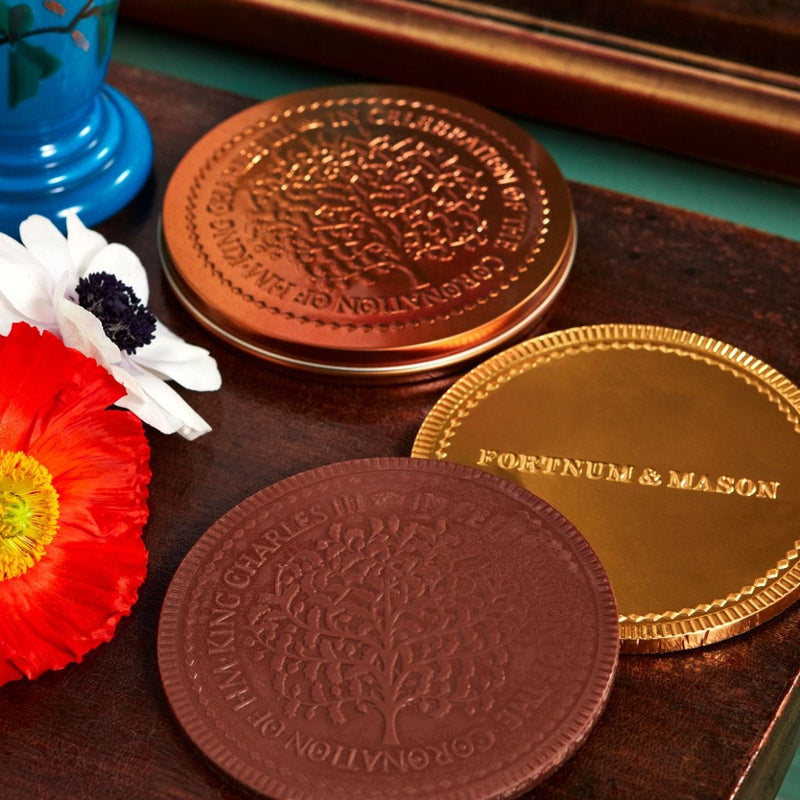Fortnum's coronation chocolate coin in decorated keepsake tin, UK version