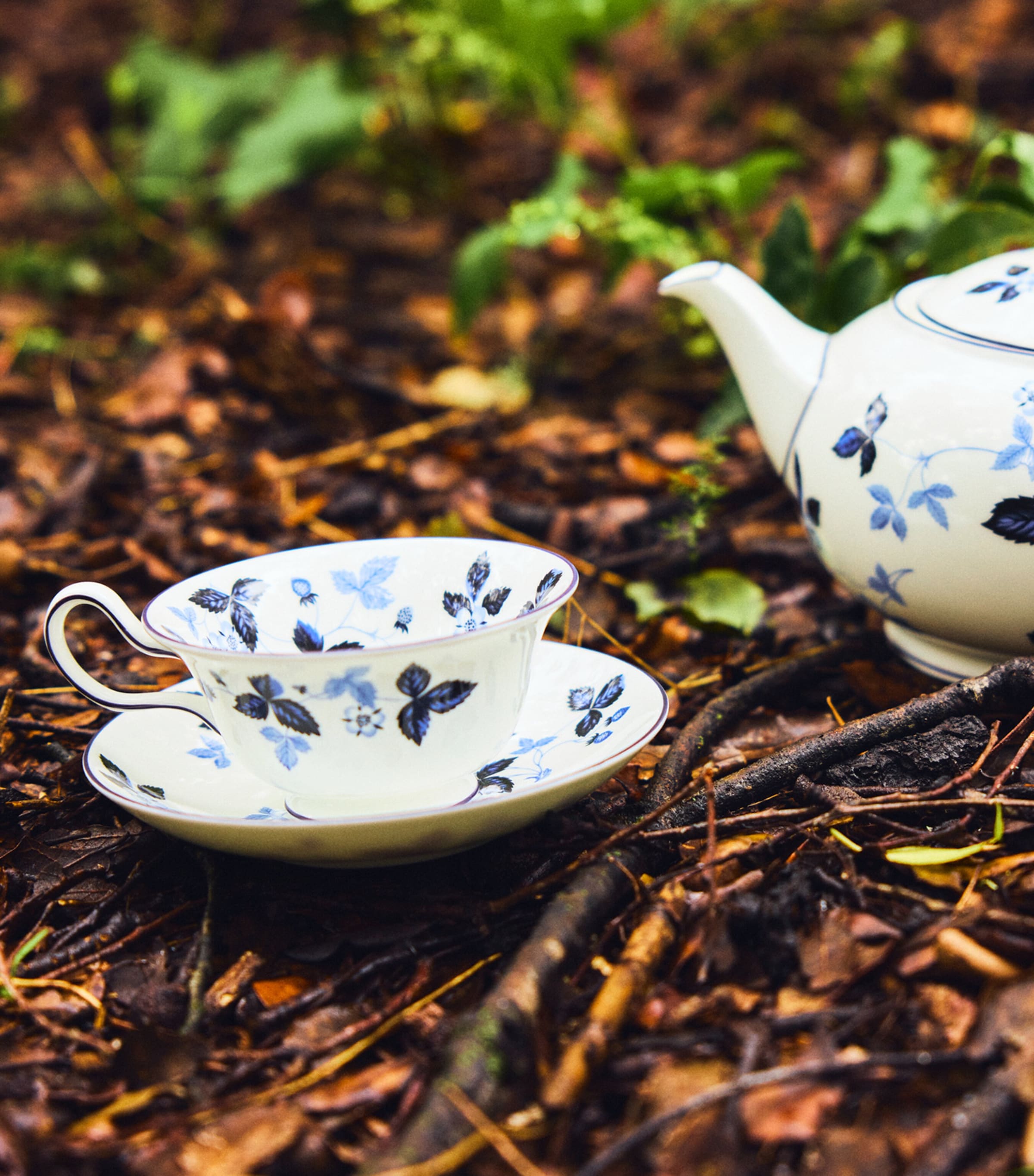 Wedgwood Wild Strawberry Inky Blue teacup and saucer (British brand)