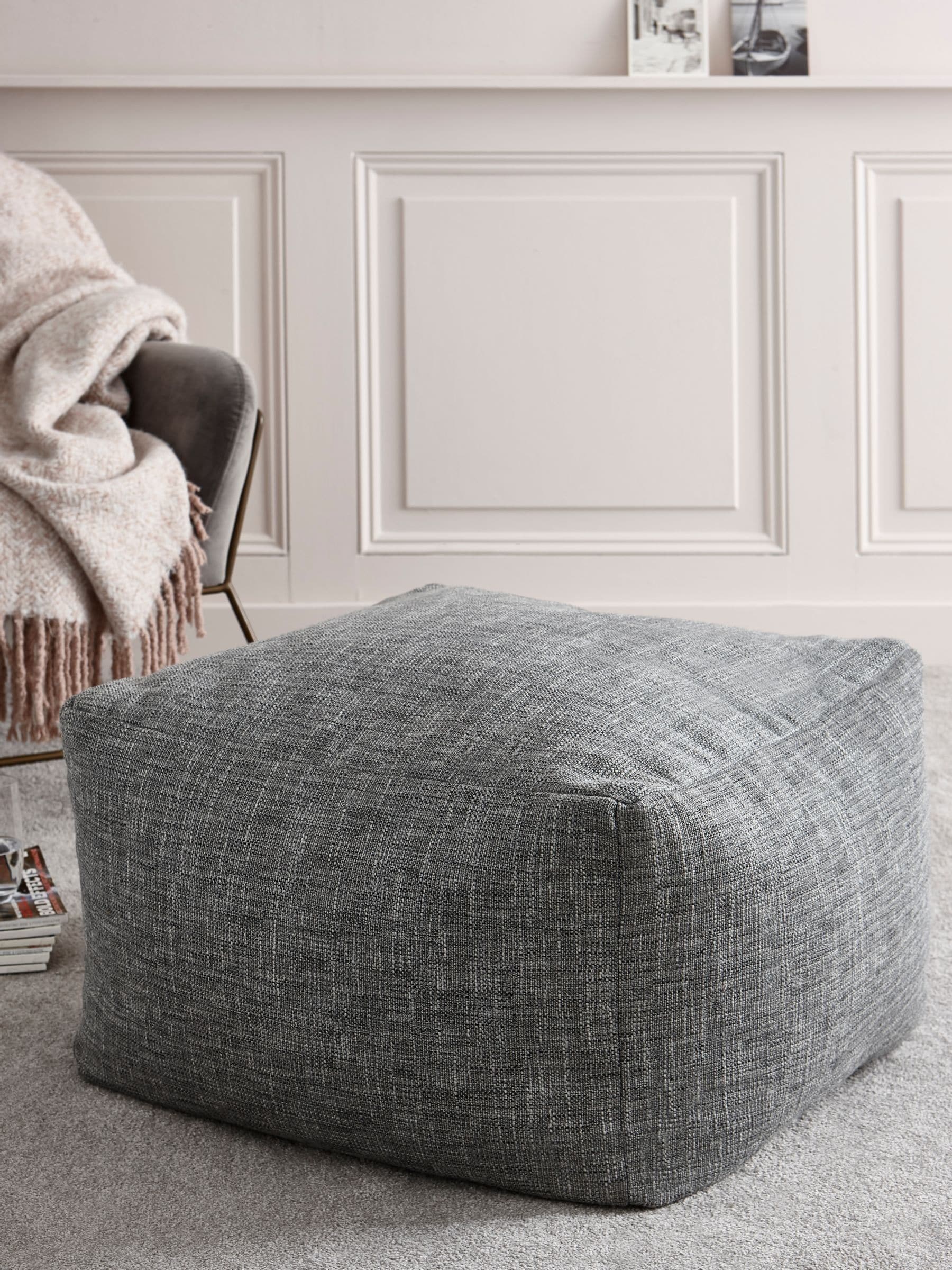 Large dark grey bouclé weave pouffe with bean filling (British brand)