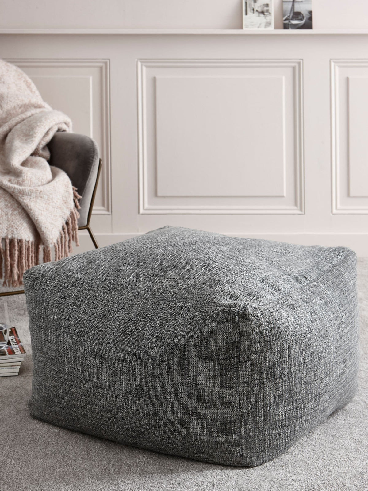 Large dark grey bouclé weave pouffe with bean filling (British brand)