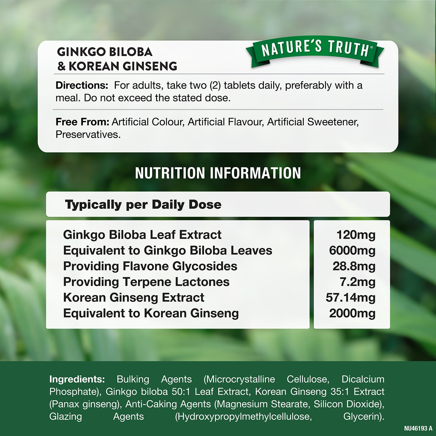 Nature's Truth Ginkgo Biloba and Korean Ginseng supplement 60 tablets, UK version