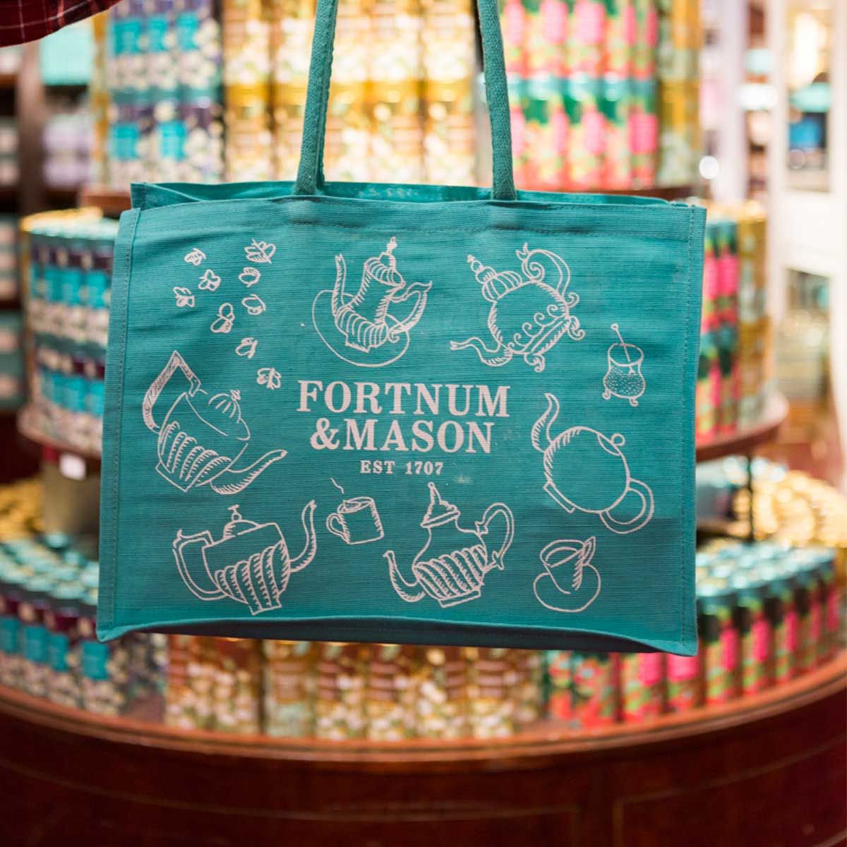 Fortnum's decorative teapot tote bag cotton jute, UK version