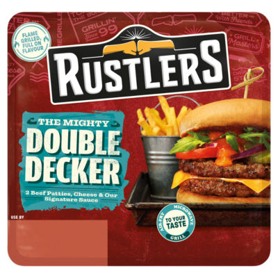 Rustlers Mighty Double Decker beef burger 237g, imported from the UK