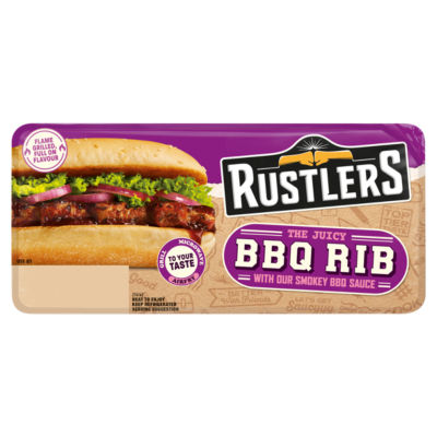 Rustlers BBQ Rib Burger with Smokey BBQ Sauce 157g, imported from the UK