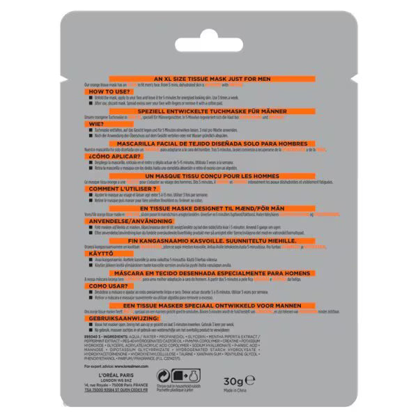 L'Oréal Men Expert Hydra Energetic Face Sheet Mask 1 Piece, imported from the UK