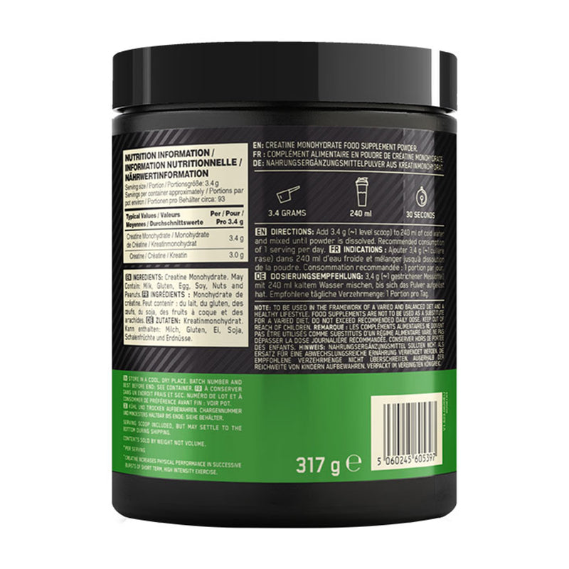 Optimum Nutrition micronised creatine monohydrate unflavoured powder 317g, imported from the UK