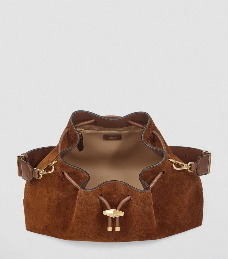 Jimmy Choo medium cinch suede shoulder bag, imported from the UK