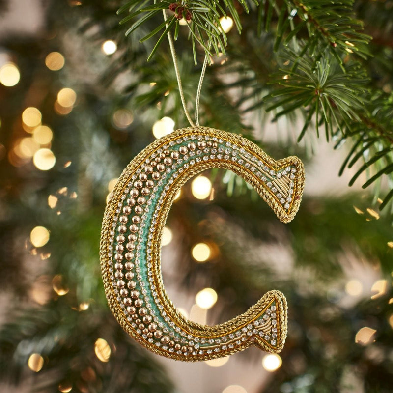 Fortnum's Eau de Nil embroidered C Christmas decoration, imported from the UK