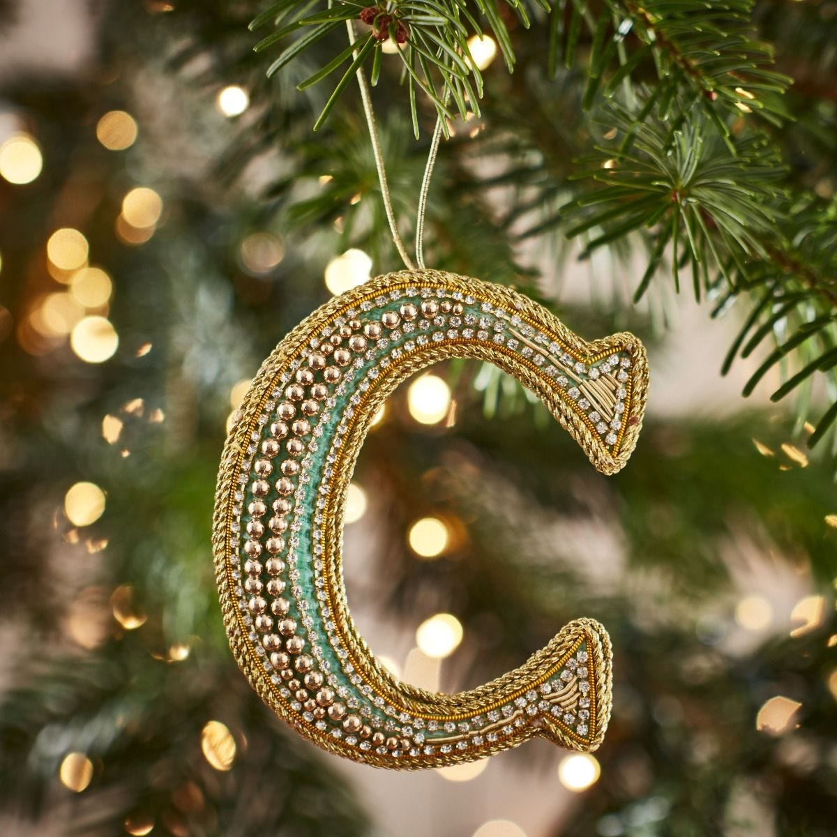 Fortnum's Eau de Nil embroidered C Christmas decoration, imported from the UK