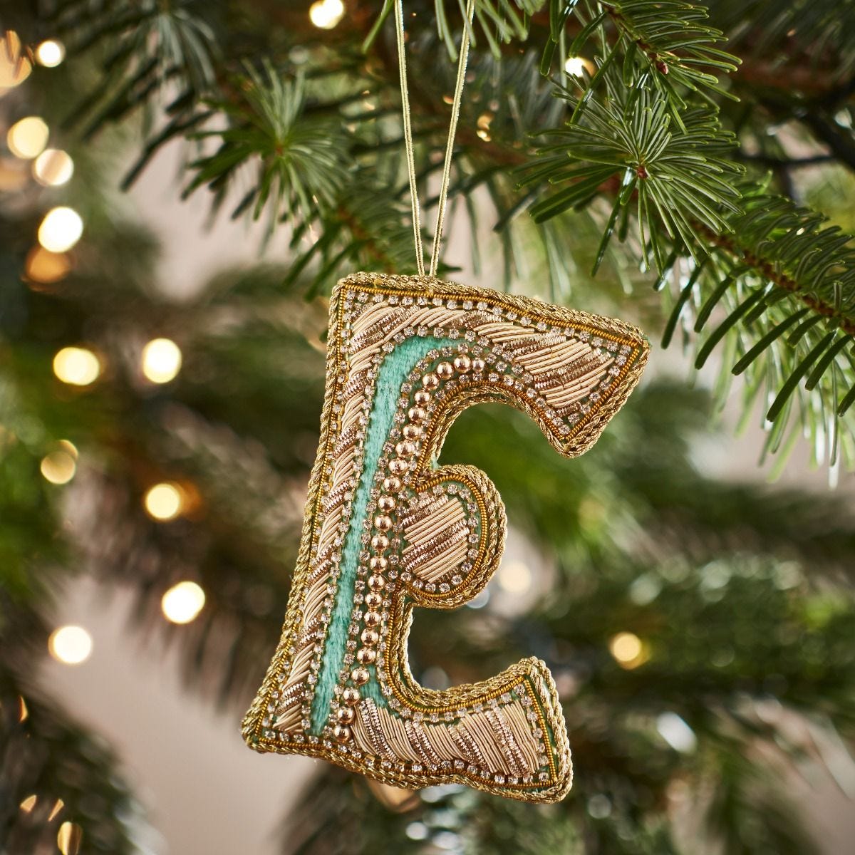 Fortnum's Eau de Nil embroidered alphabet Christmas decoration E, imported from the UK