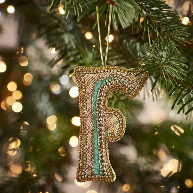 Fortnum's Eau de Nil embroidered alphabet Christmas decoration F 8cm - British product