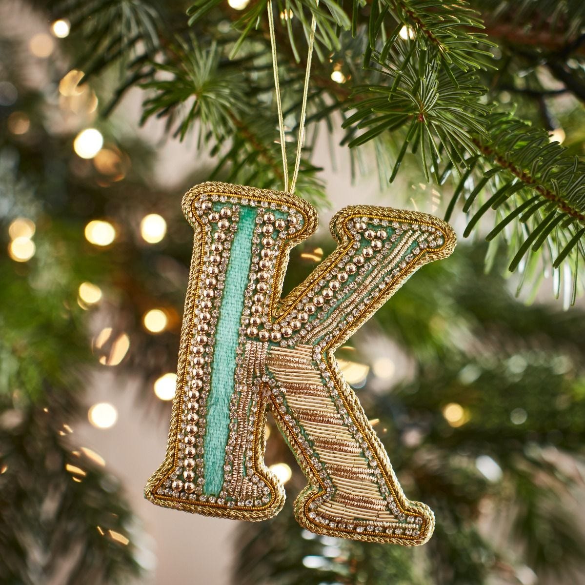 Fortnum's embroidered letter K Christmas decoration Eau de Nil, UK version