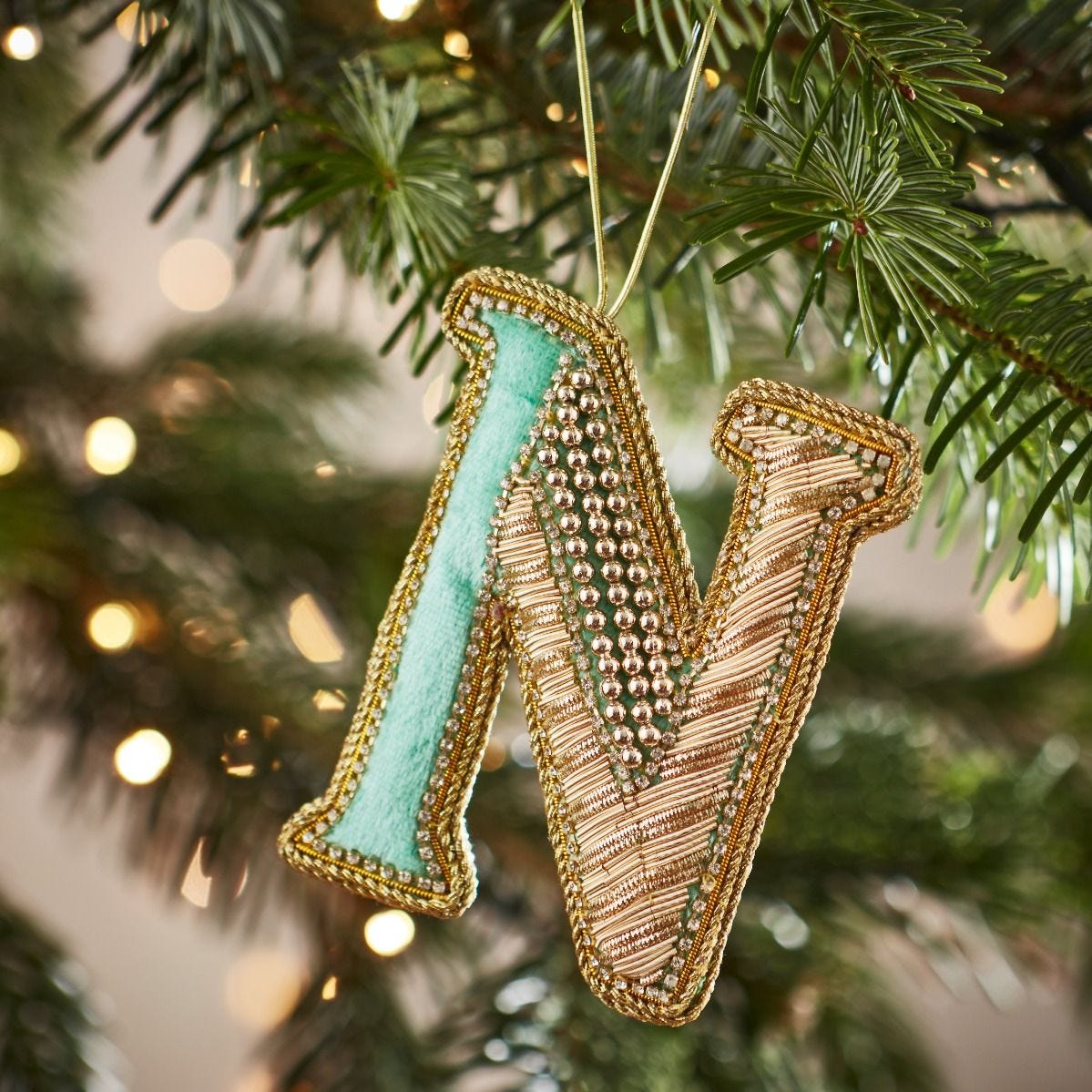 Fortnum's embroidered alphabet Christmas decoration letter N, eau de nil (British brand)