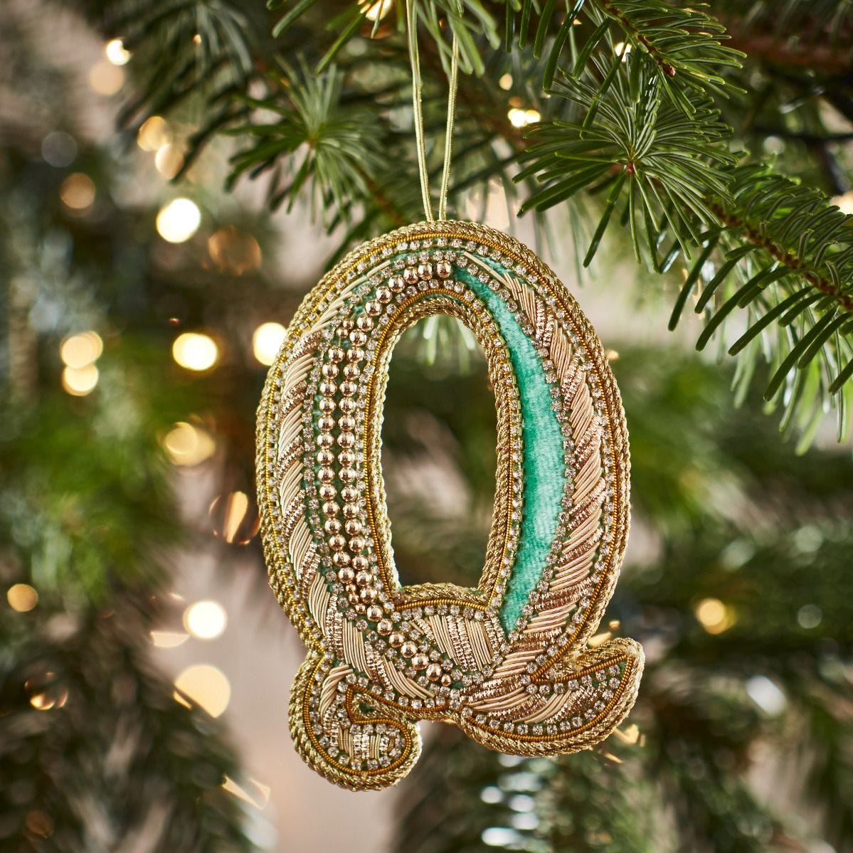 Fortnum's embroidered Christmas decoration letter Q Eau de Nil (British brand)
