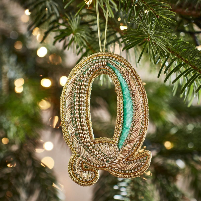 Fortnum's embroidered Christmas decoration letter Q Eau de Nil (British brand)