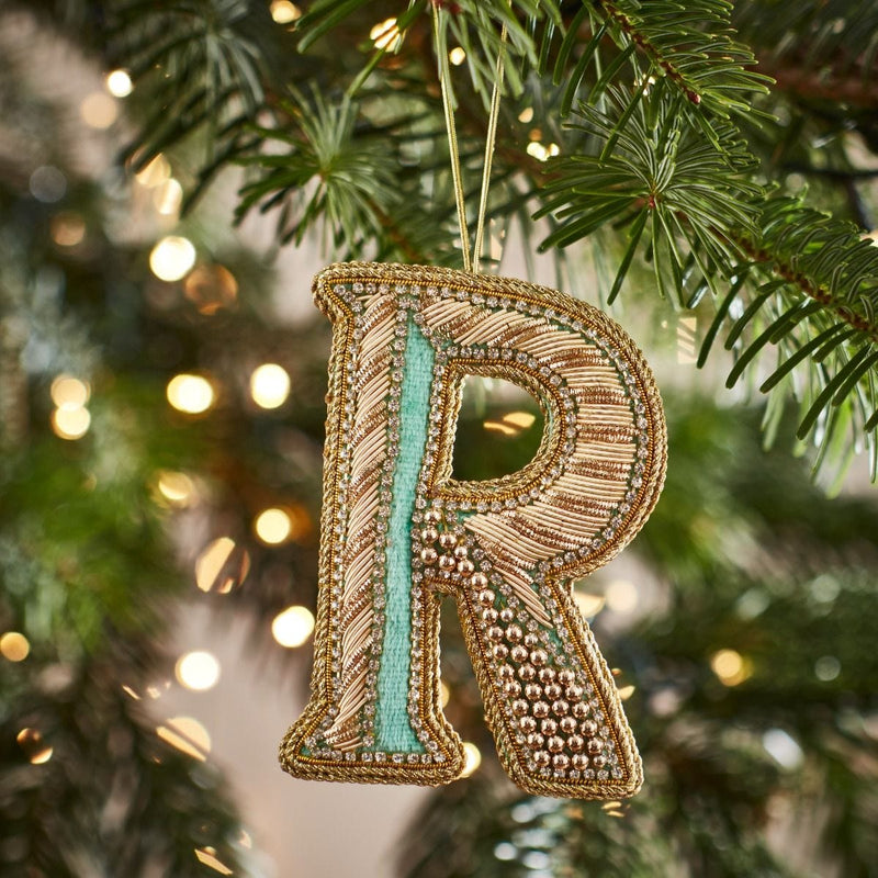 Fortnum's Eau de Nil embroidered letter R Christmas decoration (British brand)