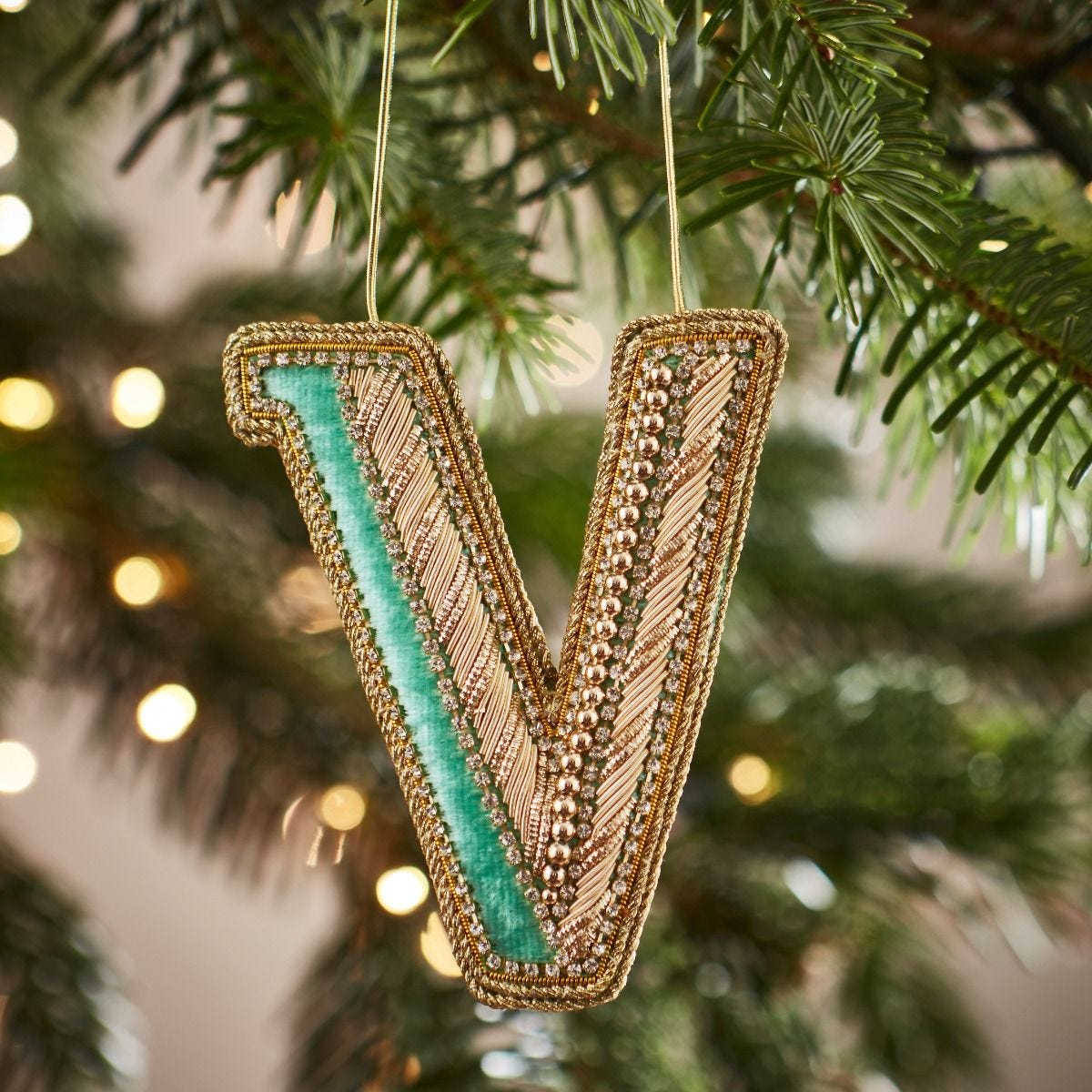 Fortnum's Eau de Nil embroidered alphabet V ornament 8cm, UK version