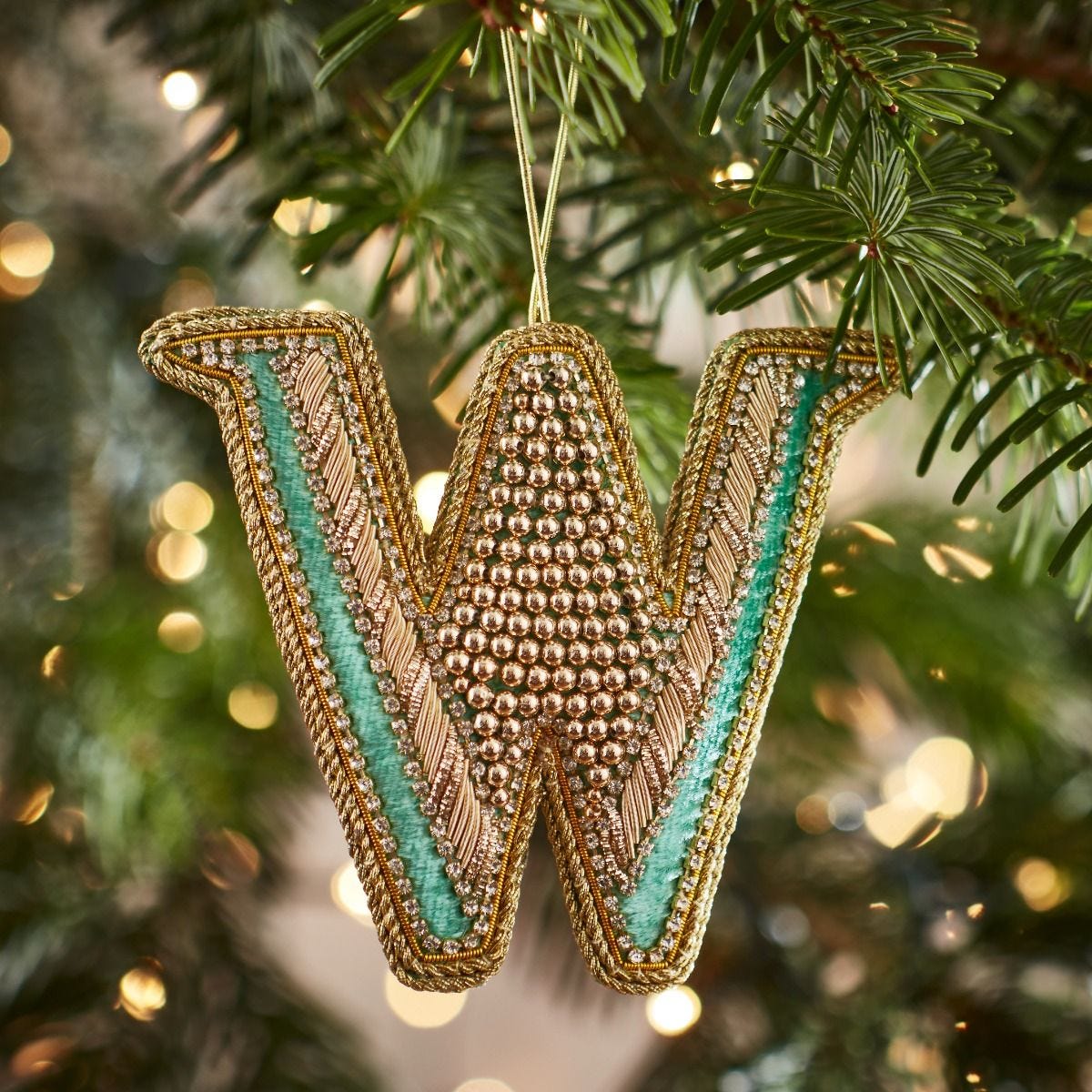 Fortnum's embroidered Christmas decoration letter W Eau de Nil 8cm, UK version