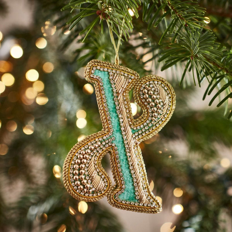 Fortnum's Eau de Nil embroidered Christmas decoration letter X, 8cm - British product
