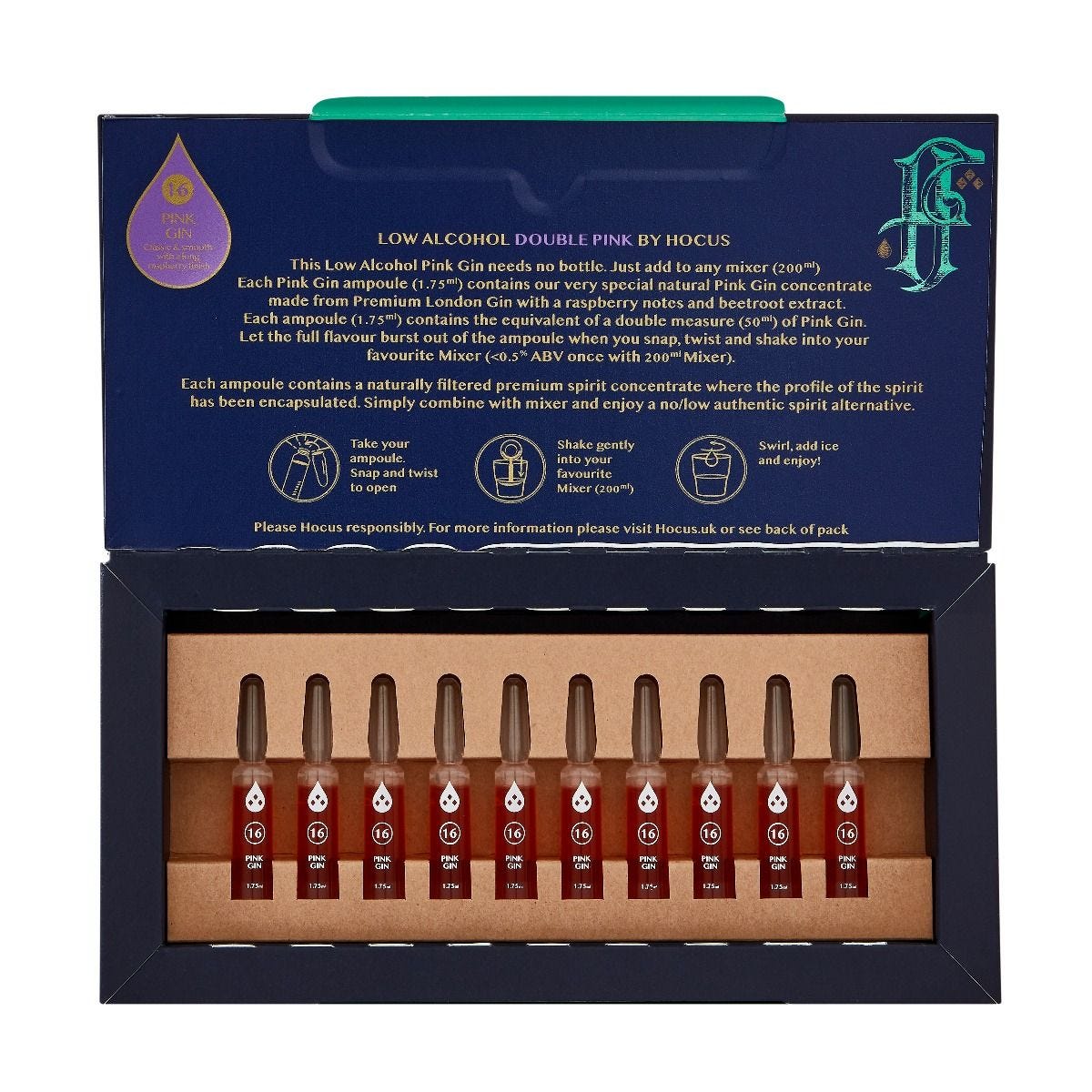 Hocus low alcohol pink gin ampoules 35ml (British brand)