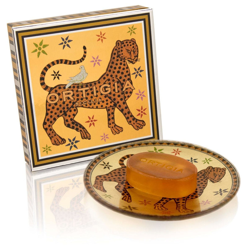 Ortigia Sicilia Ambra Nera glass plate and soap set, UK version